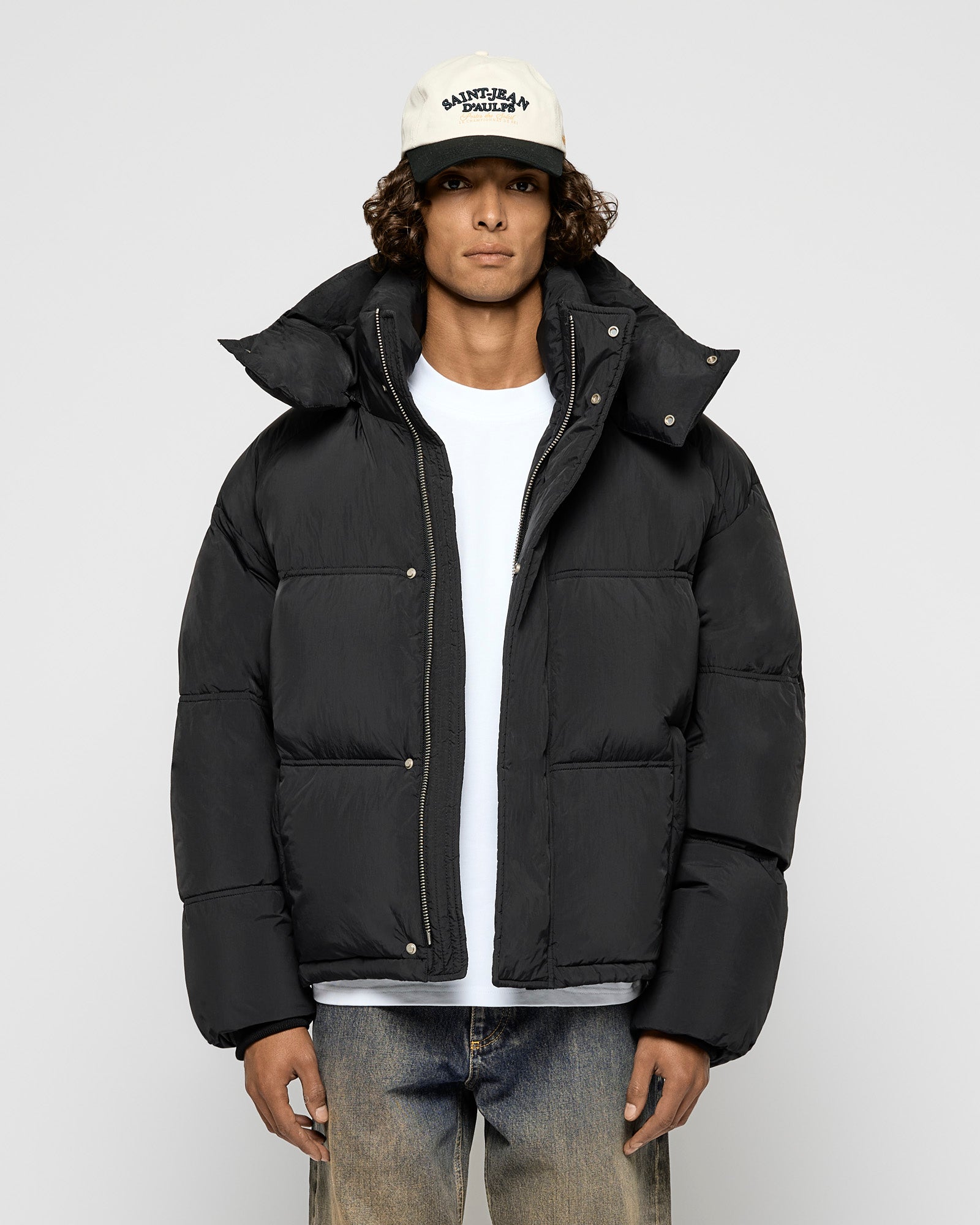 Black nylon puffer jacket on sale